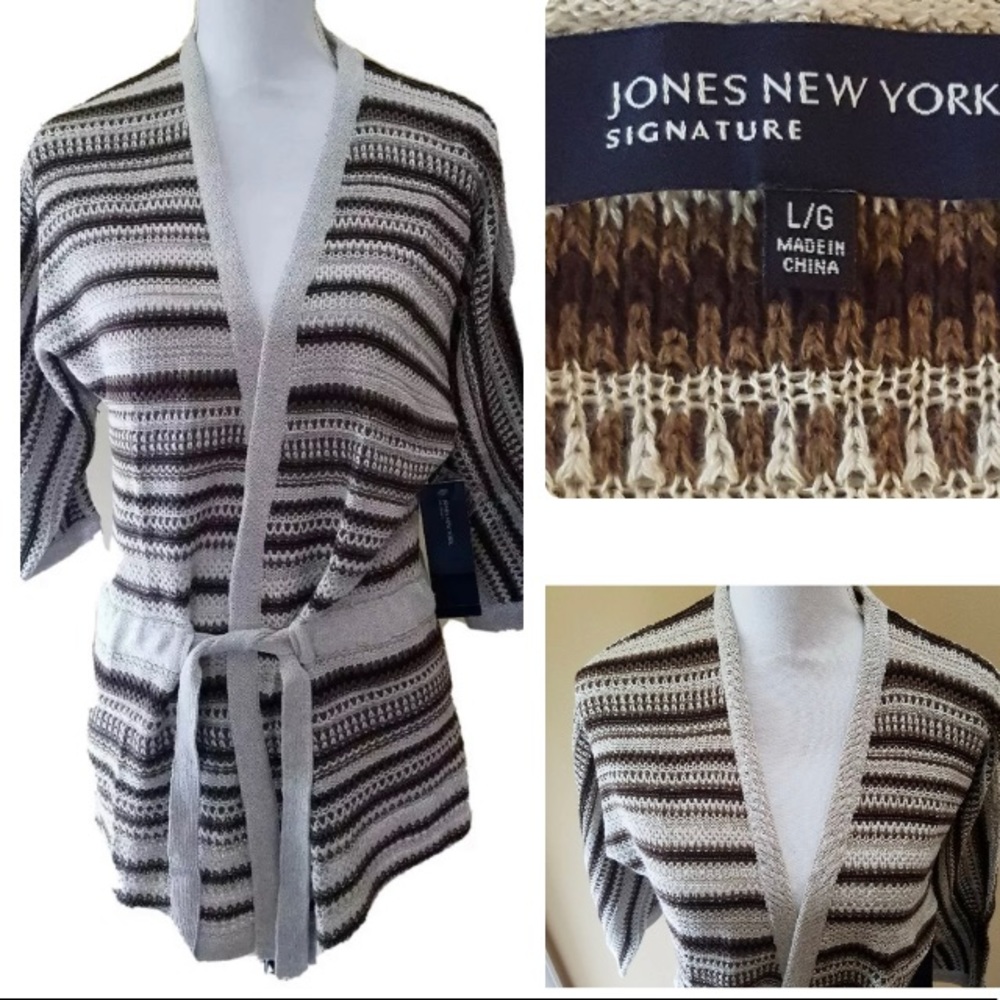 NEW Jones New York  Signature Linen Blend Cardigan Sweater Striped Belted Size L